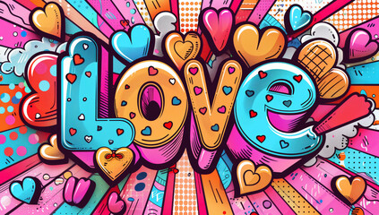Word "Love" in a vibrant, romantic cartoon-style graffiti letters. Concept of lovable Valentine's Day or amorous love-themed projects