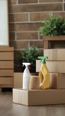 Move concept. Cardboard boxes and cleaning things for moving into a new home. Cardboard boxe background