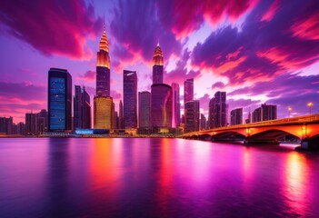 Fototapeta premium vibrant city skyline dusk empty tranquility showcasing colorful lights reflective surfaces, cityscape, colors, reflection, buildings, architecture, horizon