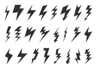 Lightning icons. Thunder bolt, electric flash light, energy or arrow web symbol. Thunderbolt shape sign different zig zag forms. Vector flat pictogram isolated on white background illustration