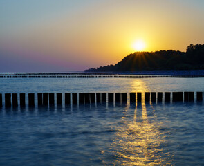 Golden sunrise over the Baltic Sea in Kolobrzeg