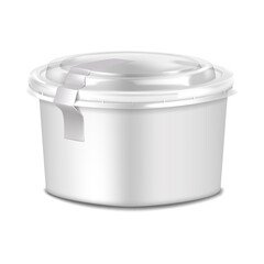White paper salad bowl with clear plastic lid and blank label sticker. 3d mockup. Disposable takeaway food container isolated. Realistic vector mock-up. Template for design