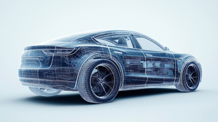Fototapeta premium Conceptual digital rendering of an electric car with transparent wireframe overlay, showing internal components and design details, presented in a side-rear view.