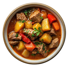 A delicious bowl of hearty beef stew, filled with tender meat, colorful vegetables, and rich, savory broth.