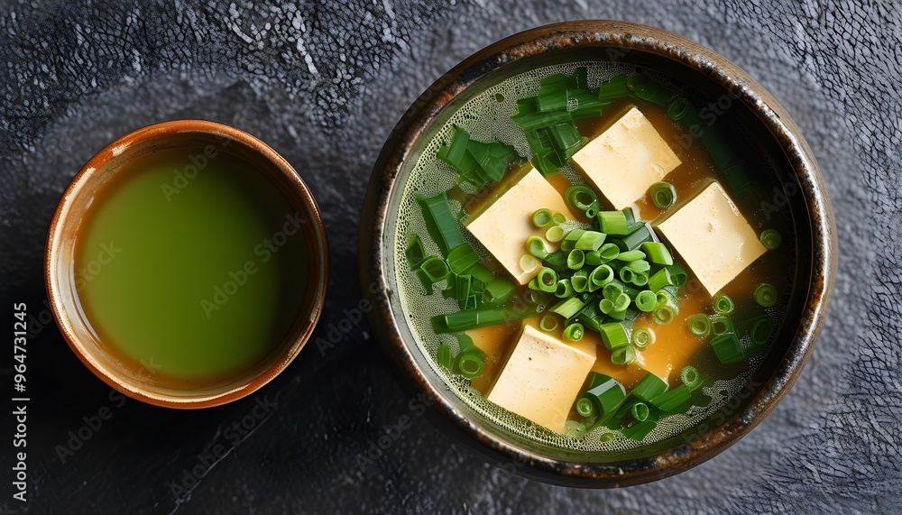 Wall mural authentic japanese miso soup with tofu and scallions served alongside green tea in elegant pots and 