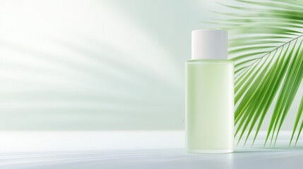 A bottle of lotion is sitting on a table next to a green leaf