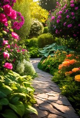 Fototapeta premium vibrant garden pathways surrounded lush greenery creating tranquil outdoor escape colorful flowers flourishing plants, landscape, nature, beauty, scene