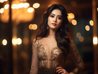Fototapeta premium A woman in a sophisticated gold dress stands against an ornate background illuminated by soft lights, capturing an air of refinement, grace, and timeless beauty.