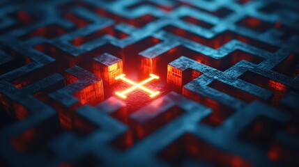  Red-glowing circuit at the heart of a dark maze, representing advanced technology, intricate systems, and futuristic design.
