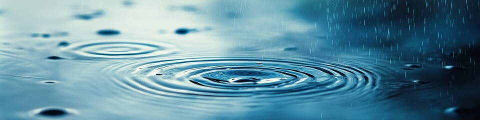 A blue raindrop is captured in a photo. The water droplet is surrounded by a circle of ripples, and the image conveys a sense of calm and tranquility
