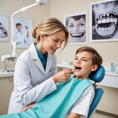 A female dentist treats the teeth of a child in the office. Created with the help of artificial intelligence