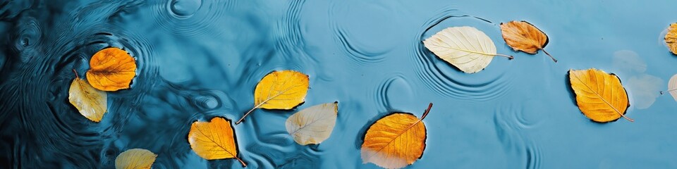 Fototapeta premium A blue body of water with leaves floating on top. The leaves are yellow and orange. The water is calm and peaceful
