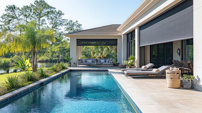 Spacious pool area with roller shades and sunny views. Comfortable seating and lush plants create a serene, private retreat for relaxing and enjoying warm days by the pool.