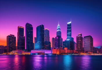 Obraz premium stunning vibrant city skyline twilight illuminated bright lights creating captivating urban landscape, architecture, buildings, cityscape, downtown, dusk