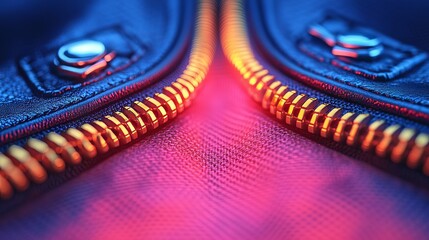 Open gold colored zipper with neon pink textile background.