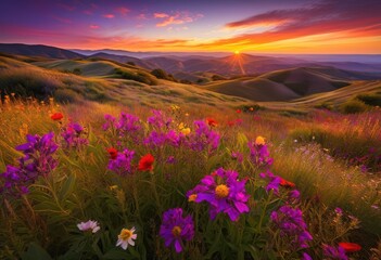 Fototapeta premium vibrant sunset illuminating rolling hills covered colorful wildflowers under clear sky, nature, landscape, scenery, clouds, light, evening, flora, meadow