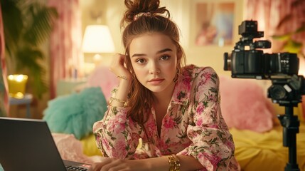 Female Beauty Influencer Editing Video on Laptop Behind-the-Scenes Digital Content Creation