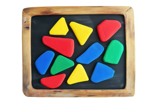 Colorful geometric shapes arranged on a blackboard, perfect for educational and creative projects. - Powered by Adobe
