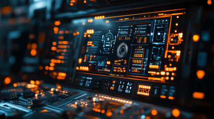 Fototapeta premium A high-tech control panel with glowing orange lights and intricate digital displays in a darkened environment during a late-night operation