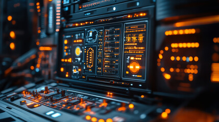 Obraz premium A high-tech control panel with glowing orange lights and intricate digital displays in a darkened environment during a late-night operation