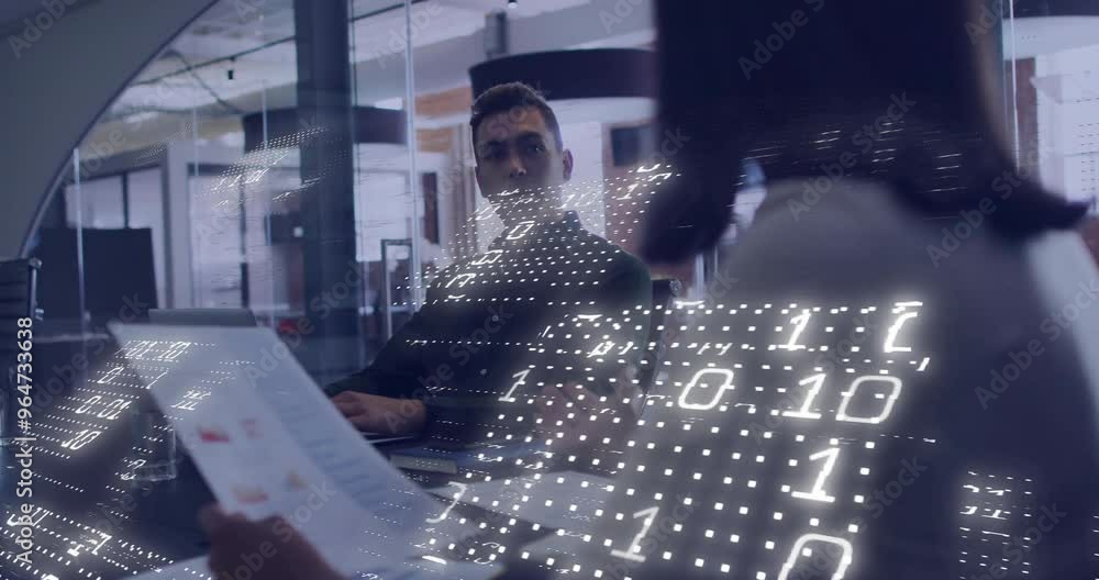 Poster animation of binary coding over diverse business people working together in office