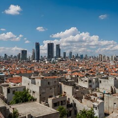 Fototapeta premium view of the city slums from above and skyscrapers in the background