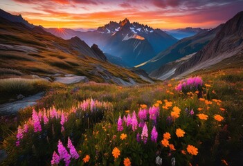 Obraz premium breathtaking mountain vistas captured sunrise vibrant initial glow illuminating peaks valleys, altitude, backdrop, beauty, clouds, color, dramatic