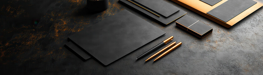 Stylish black stationery set with golden accents arranged on a dark surface, ideal for elegant office aesthetics.