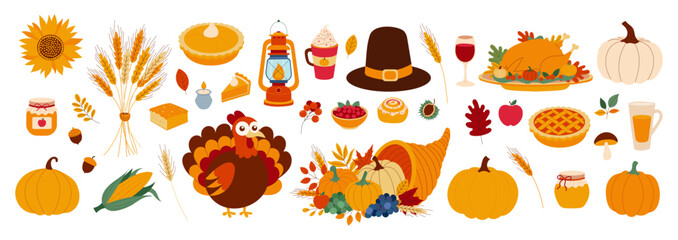A colorful image of a Thanksgiving table with various foods and decorations. The table is filled with pies, apples, corn, and other fall foods. There is a pumpkin, a turkey, and a lantern on the table