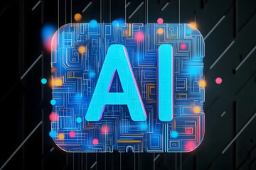 An AI is displayed on a blue background with large, bold letters. The AI is designed with digital patterns and lines that resemble stock illustrations