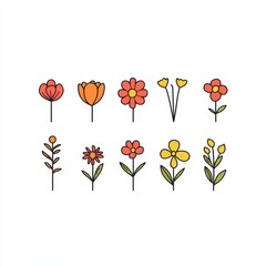 Floral Line Art: A collection of 10 charming hand-drawn floral icons, featuring a variety of flowers in warm, vibrant colors. Perfect for adding a touch of whimsy and nature to your designs. 