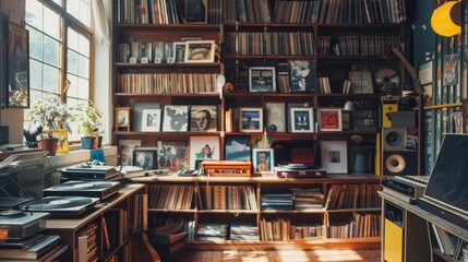 vintage vinyl heaven extensive record collection shelves with turntable and retro music posters interior photography