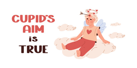 Cupid head going spinning from love. Arrow hits in cupids forehead. Valentines Day Concept. Vector poster, banner, isolated on white background.