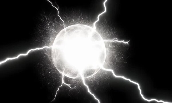 Spherical white neon energy or plasma ball with bright electric lightning streams and glowing effects on black background, VFX