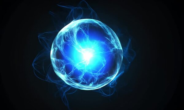 Spherical blue neon energy or plasma ball with bright electric lightning streams and glowing effects on black background, VFX