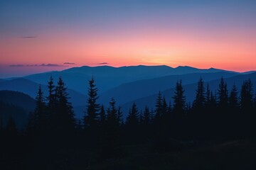 A beautiful mountain landscape with a large orange sun in the sky, generative ai image