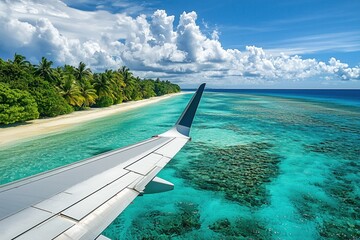 Fototapeta premium Airplane takes off or lands over tropical island at summer