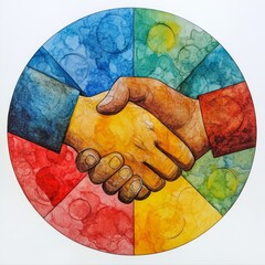 Handshake of Unity: A vibrant watercolor illustration of two hands shaking, symbolizing unity, collaboration, and partnership.  The handshake is set against a colorful circular background, representin