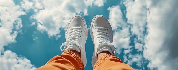 A pair of white sneakers against a clear blue sky, evoking a sense of freedom and adventure.