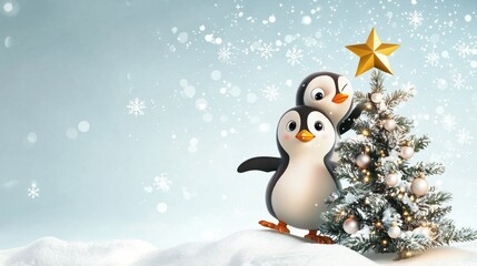 Two cheerful penguins decorating a snowy Christmas tree under falling snowflakes in a winter wonderland setting