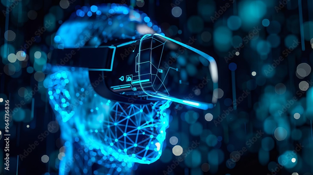Poster virtual reality frontier futuristic headset for machine learning simulation blurred hitech backgroun