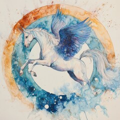 Mystical Pegasus Watercolor Painting: A majestic white pegasus with iridescent wings soars through a vibrant watercolor sky, a symbol of hope, freedom, and dreams. This enchanting artwork captures the