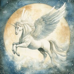 Celestial Stallion: A majestic winged unicorn rears against a luminous moon, its ethereal beauty illuminated by a star-dusted sky.  