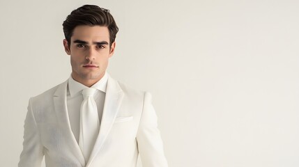 Man in a White Suit and Tie: A man dressed in a crisp white suit and tie, posing confidently against a clean white backdrop.
