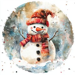 Winter Wonderland Snowman: A whimsical watercolor illustration of a cheerful snowman, wearing a cozy red and white striped scarf and hat, standing proudly amidst falling snowflakes. He's the perfect s