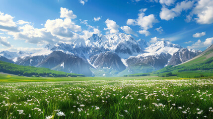Obraz premium Natural landscape. Snow-capped mountains and green meadows on a sunny spring day.