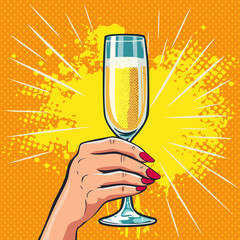 Girls hand holding a glass of champagne. Fast food vector illustration in pop art retro comic style.