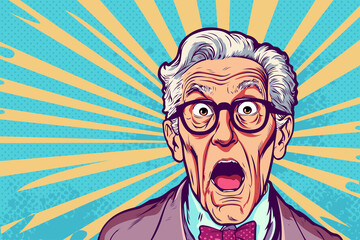 Amazed grandfather. Old, gray-haired man looking with surprising. Unbelievable news, big sale concept in pop art retro comic style