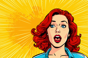 Shocked, surprised caucasian young girl. Unbelievable news, big sale concept in pop art retro comic style