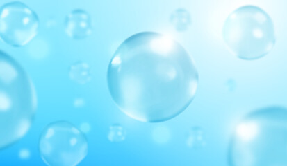 Realistic blue gel texture with air bubbles inside. Vector illustration of liquid substance with oil blobs, cosmetic product, collagen, hyaluron beauty care cosmetic product. Molecule structure